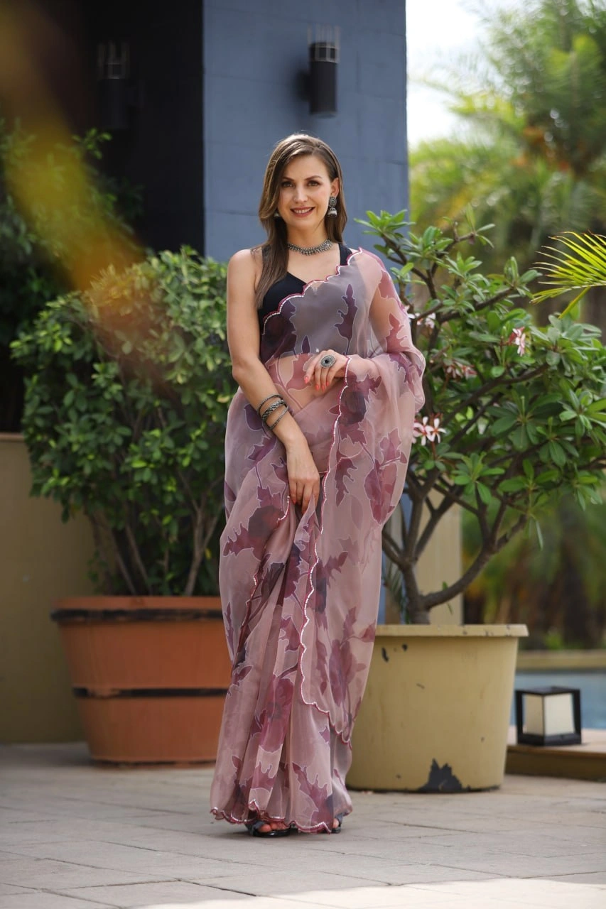 Digital Print Organza Saree with Cut Work Blouse-RVSGSANWARIYA-Peach