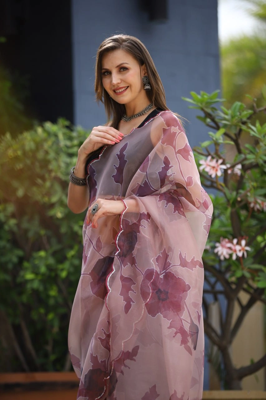 Digital Print Organza Saree with Cut Work Blouse-Peach-4