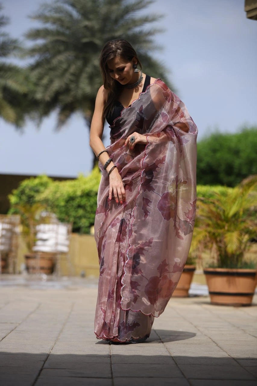 Digital Print Organza Saree with Cut Work Blouse-Peach-5