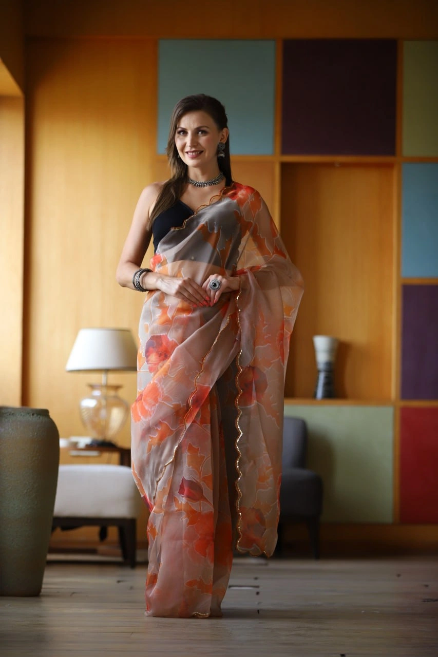 Digital Print Organza Saree with Cut Work Blouse-RVSGSANWARIYA-Orange