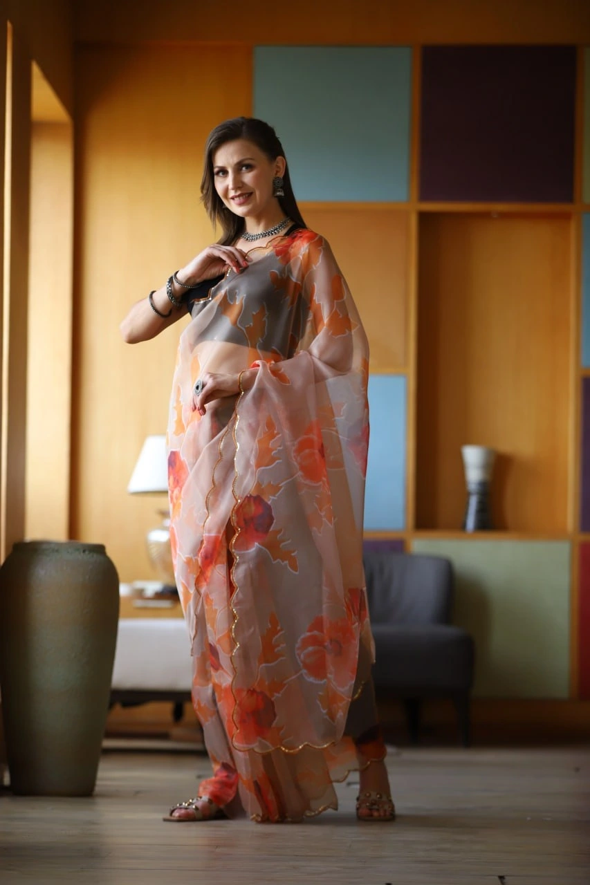 Digital Print Organza Saree with Cut Work Blouse-Orange-1