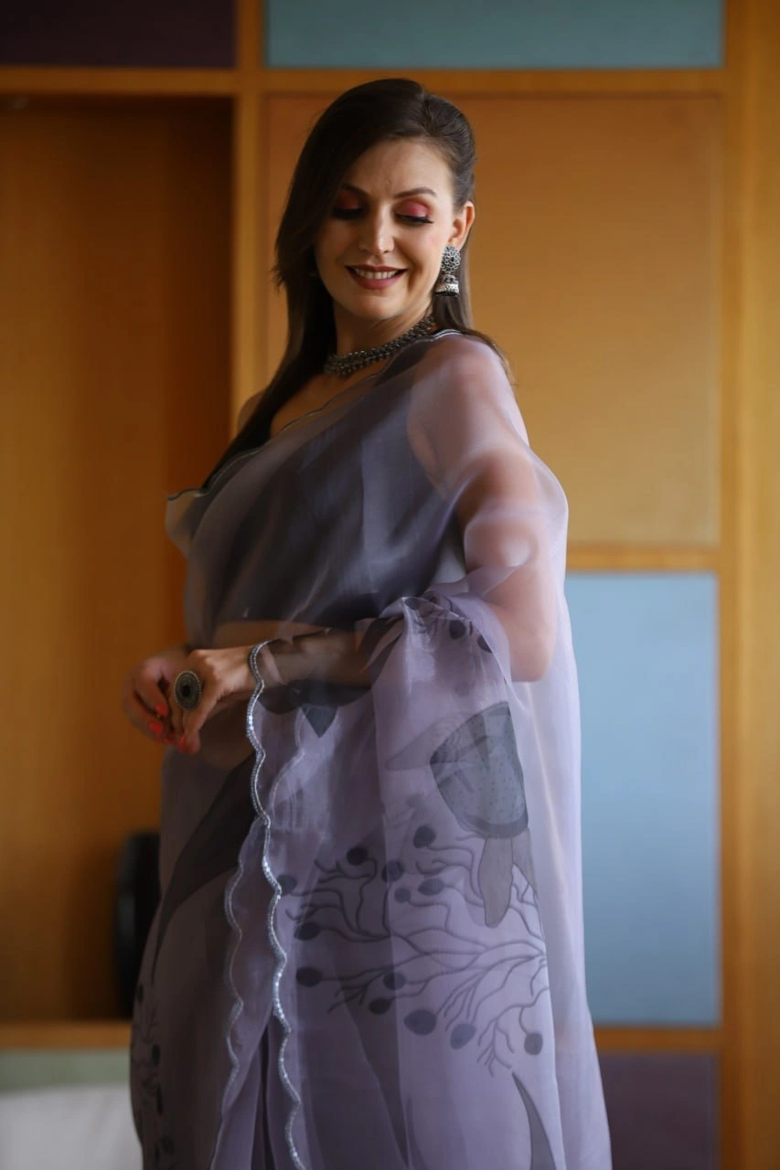 Digital Print Organza Saree with Cut Work Blouse-Grey-2