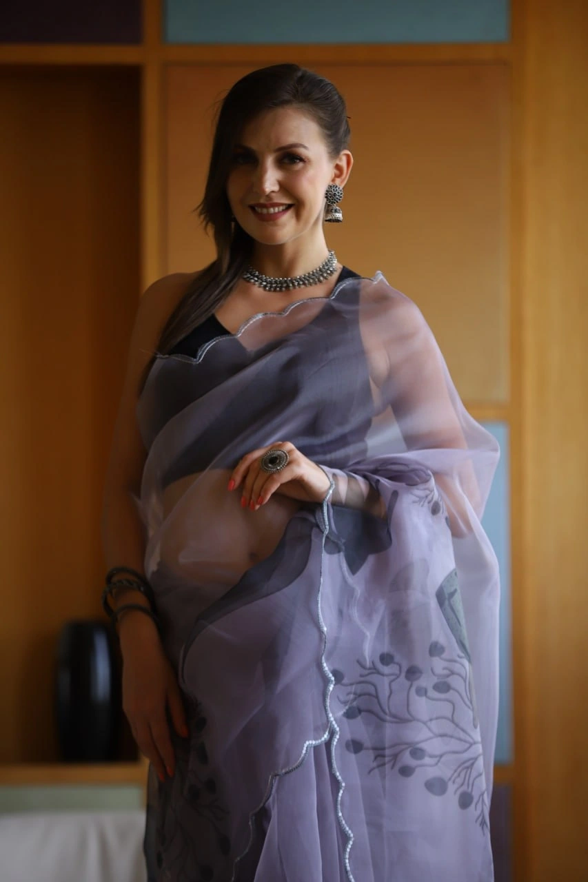 Digital Print Organza Saree with Cut Work Blouse-Grey-3