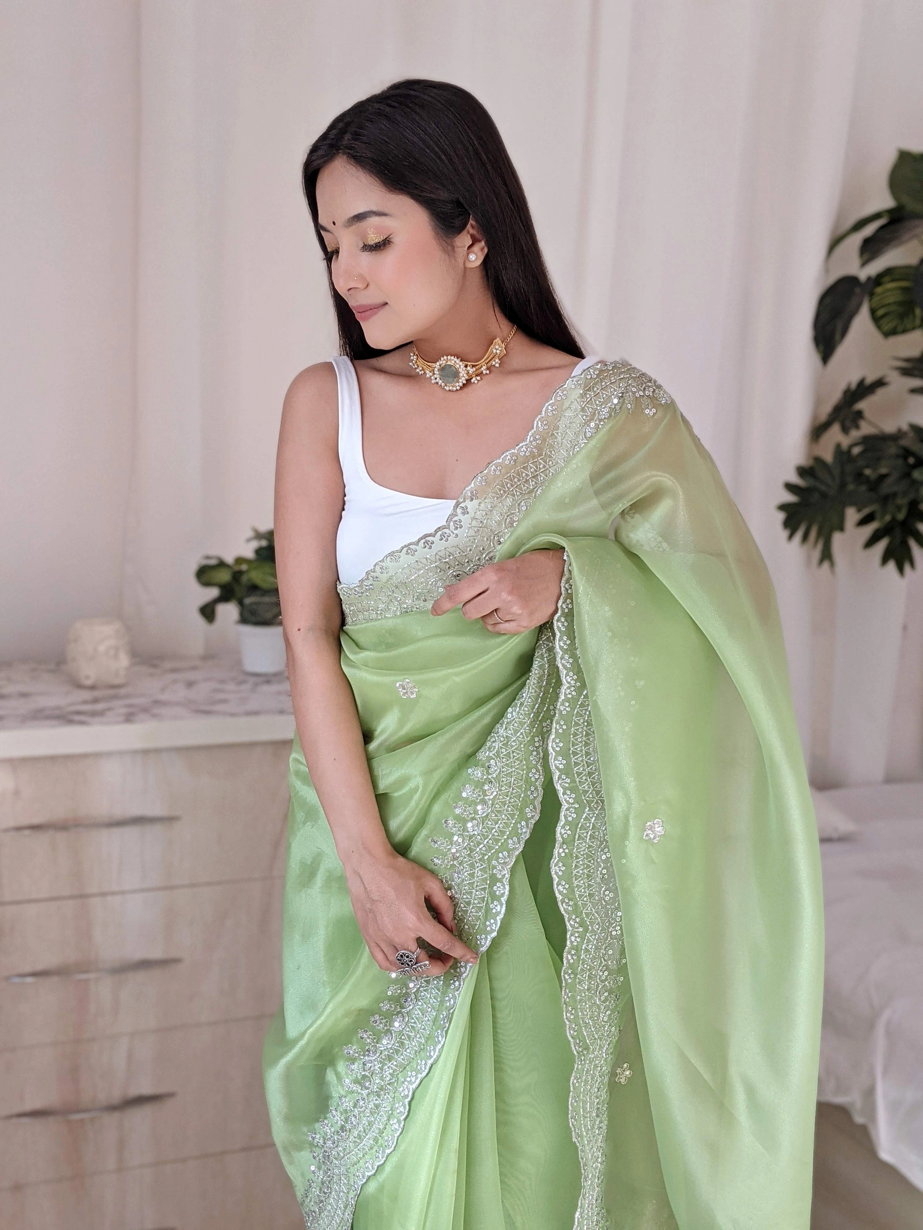 Organza Embroidered Sarees with Satin Blouse-Pista-2