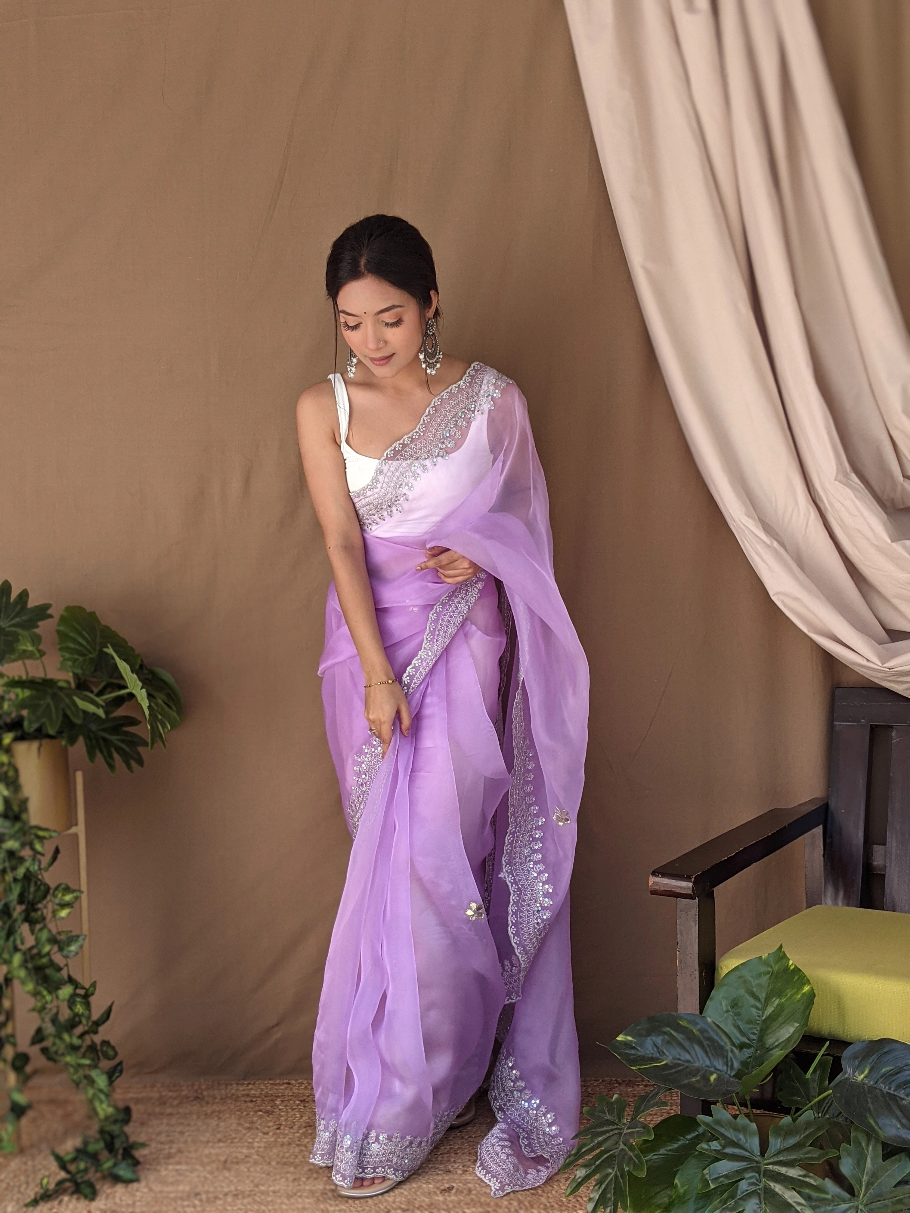 Organza Embroidered Sarees with Satin Blouse-Lavender-1