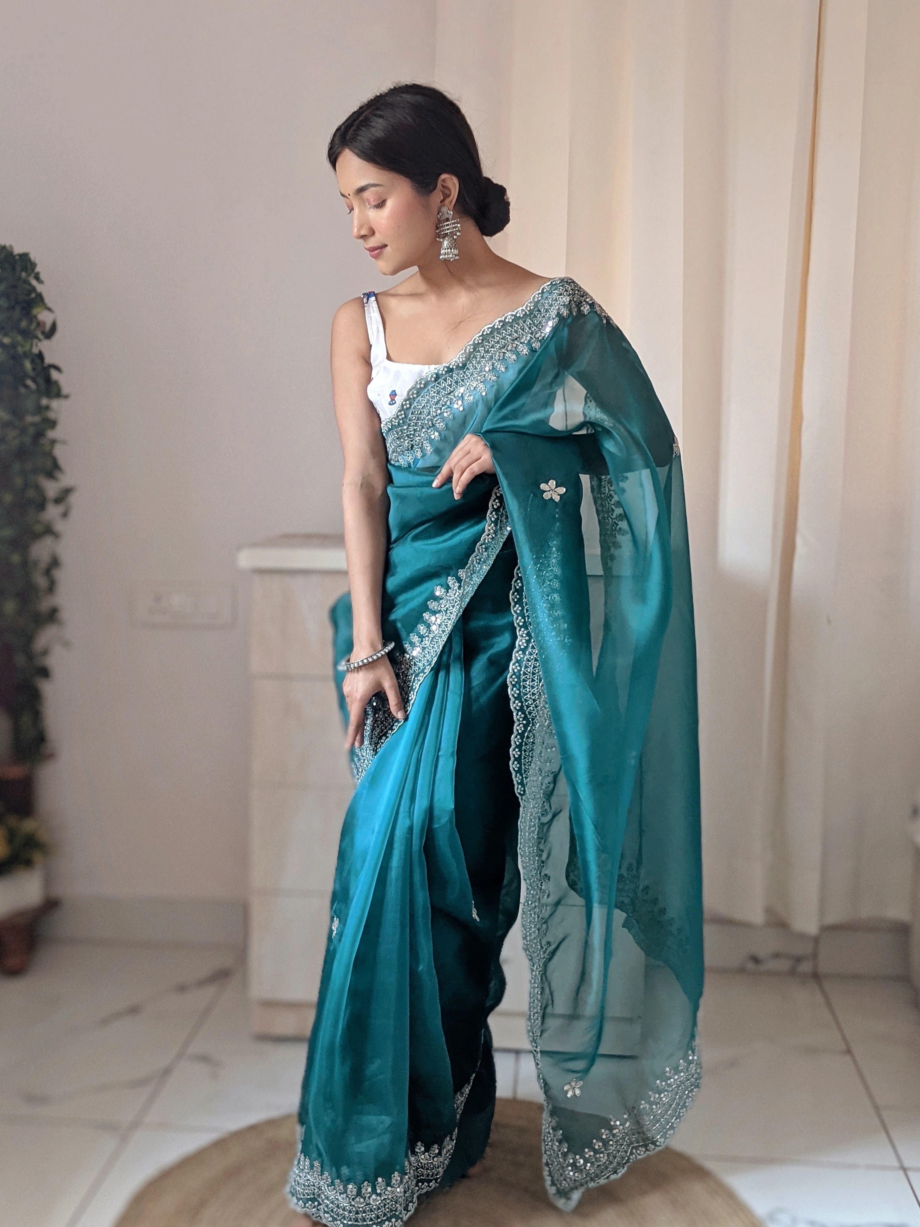 Organza Embroidered Sarees with Satin Blouse-RVSGSHIROVASTRAPLAIN-Teal