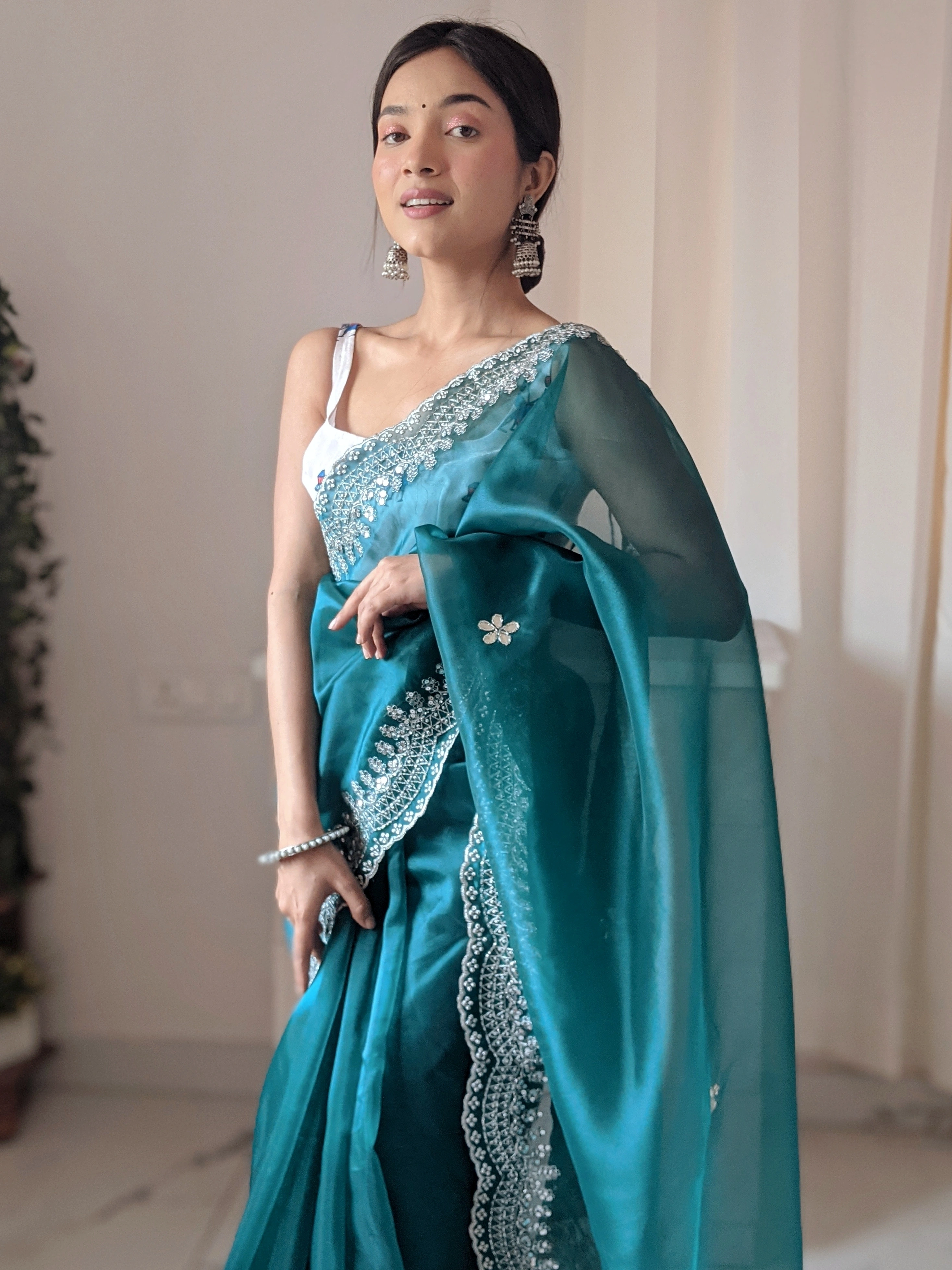 Organza Embroidered Sarees with Satin Blouse-Teal-1