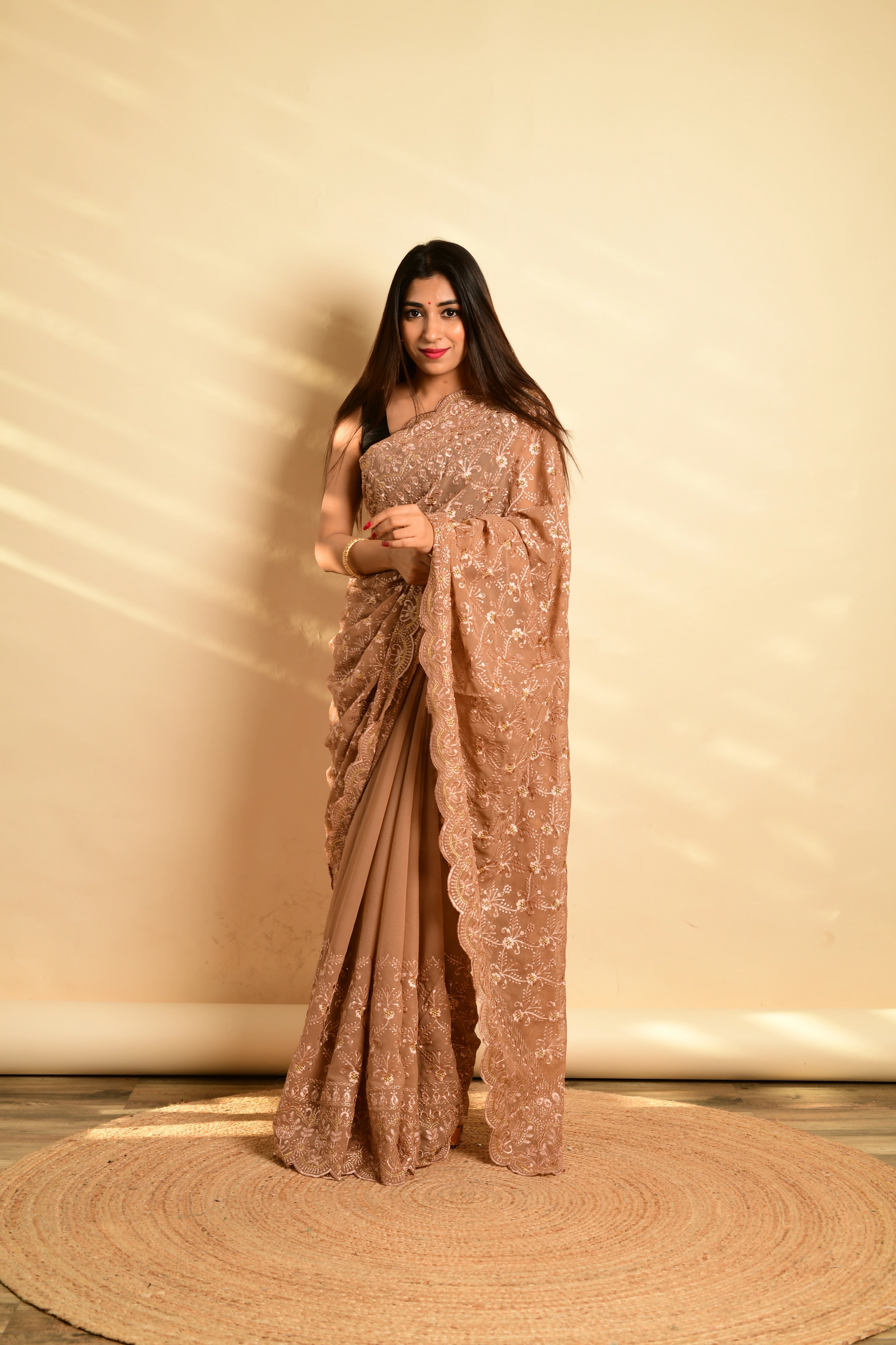 Exquisite Georgette Saree with Floral Cutwork &amp; Banglori Silk Blouse-Brown-1