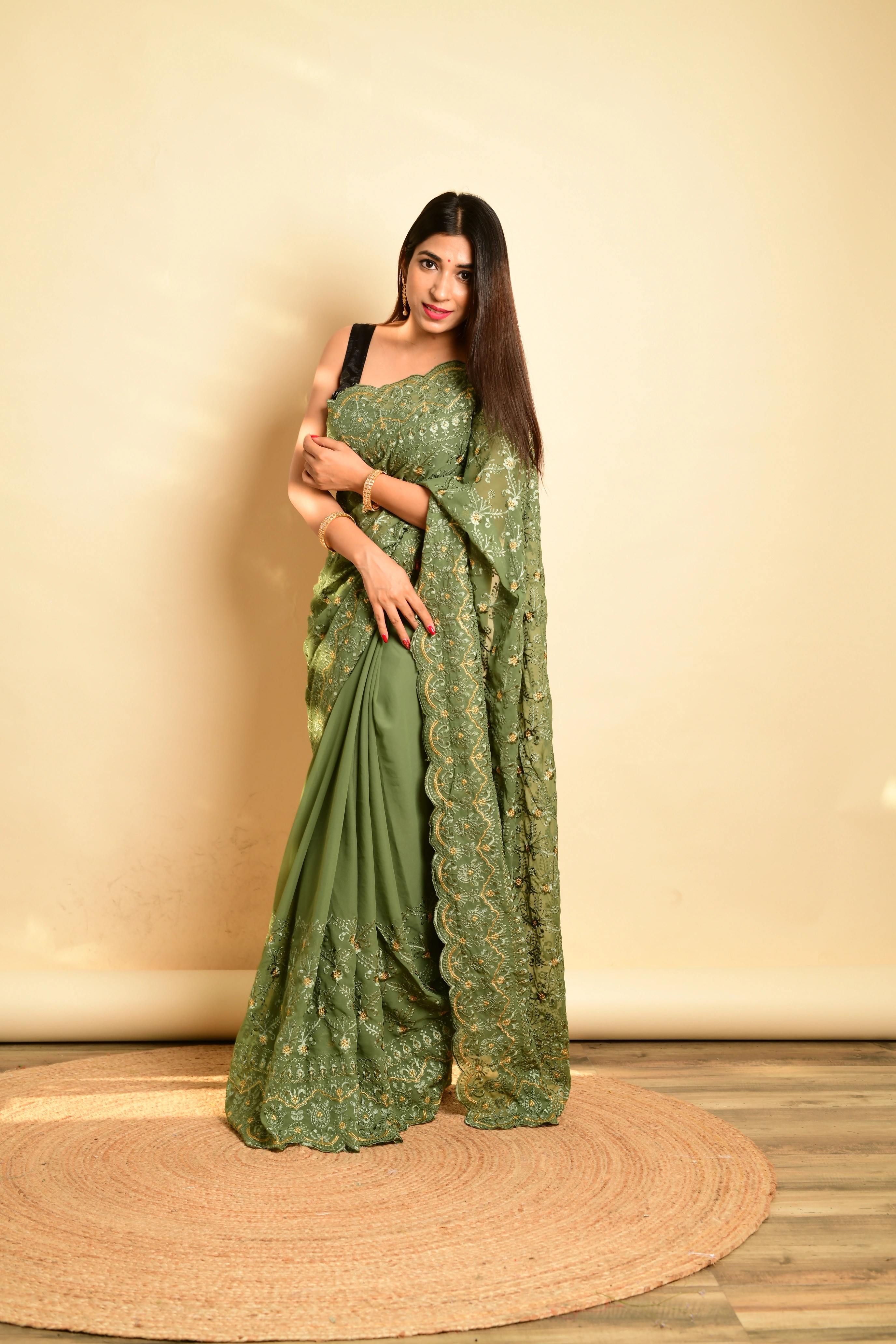 Exquisite Georgette Saree with Floral Cutwork &amp; Banglori Silk Blouse-RVSGSitara-Green