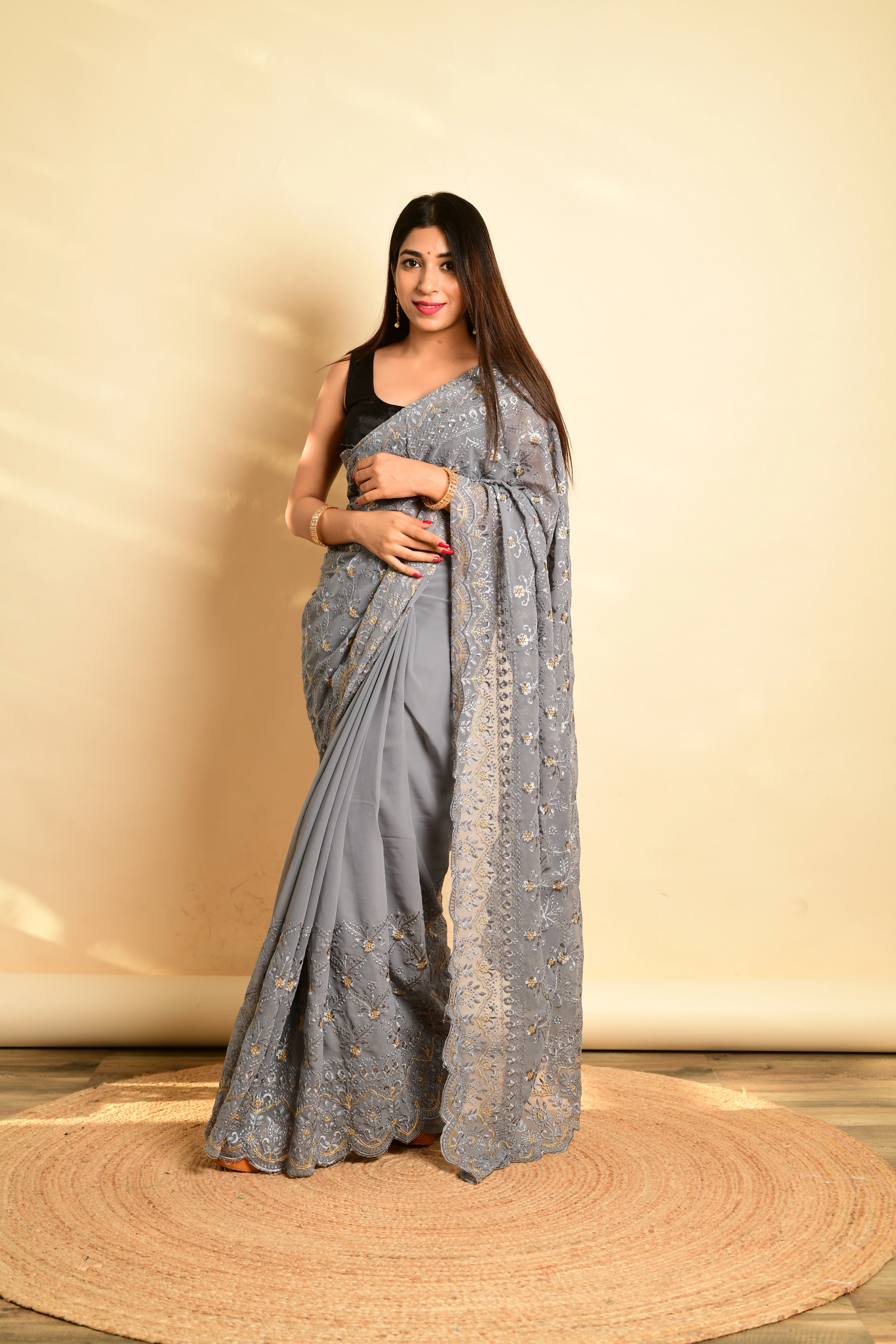 Exquisite Georgette Saree with Floral Cutwork &amp; Banglori Silk Blouse-RVSGSitara-Grey