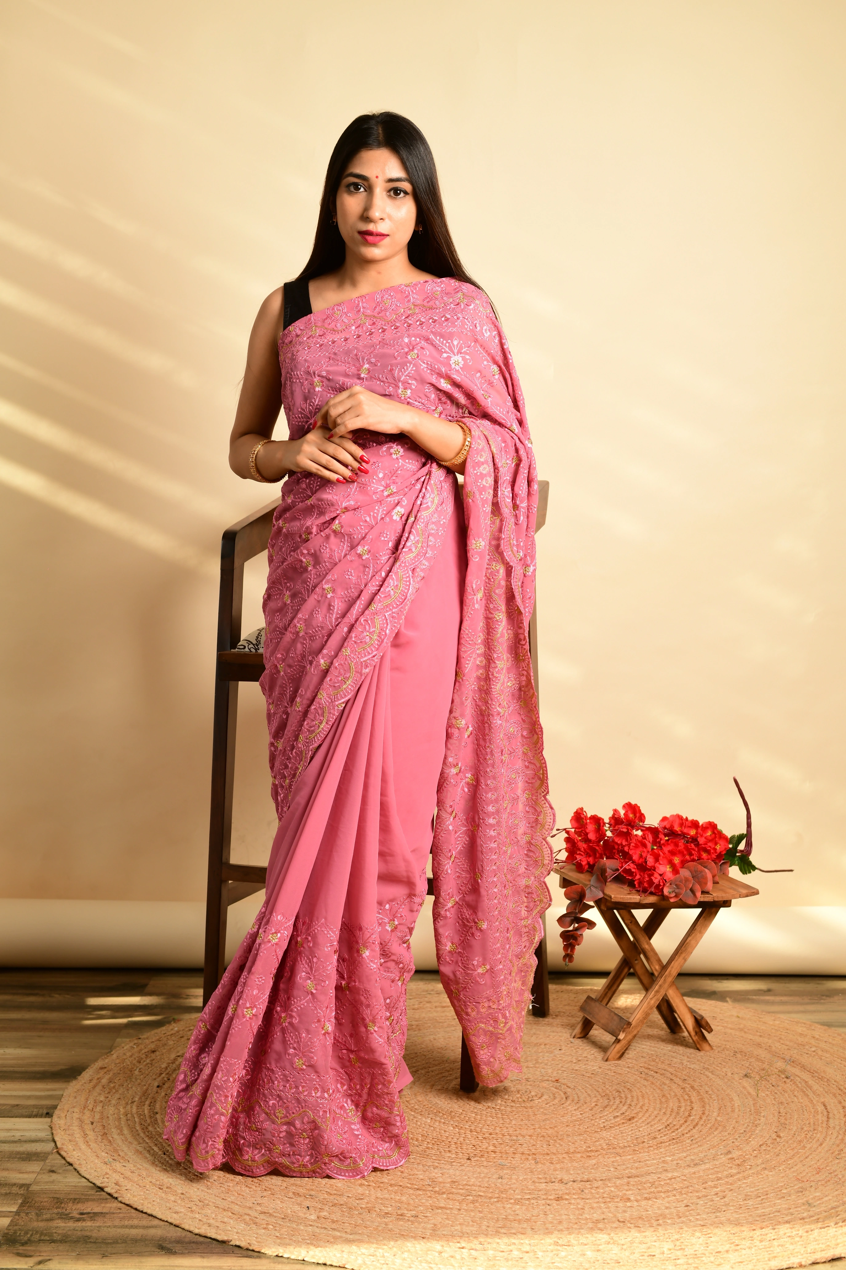 Exquisite Georgette Saree with Floral Cutwork &amp; Banglori Silk Blouse-RVSGSitara-Pink