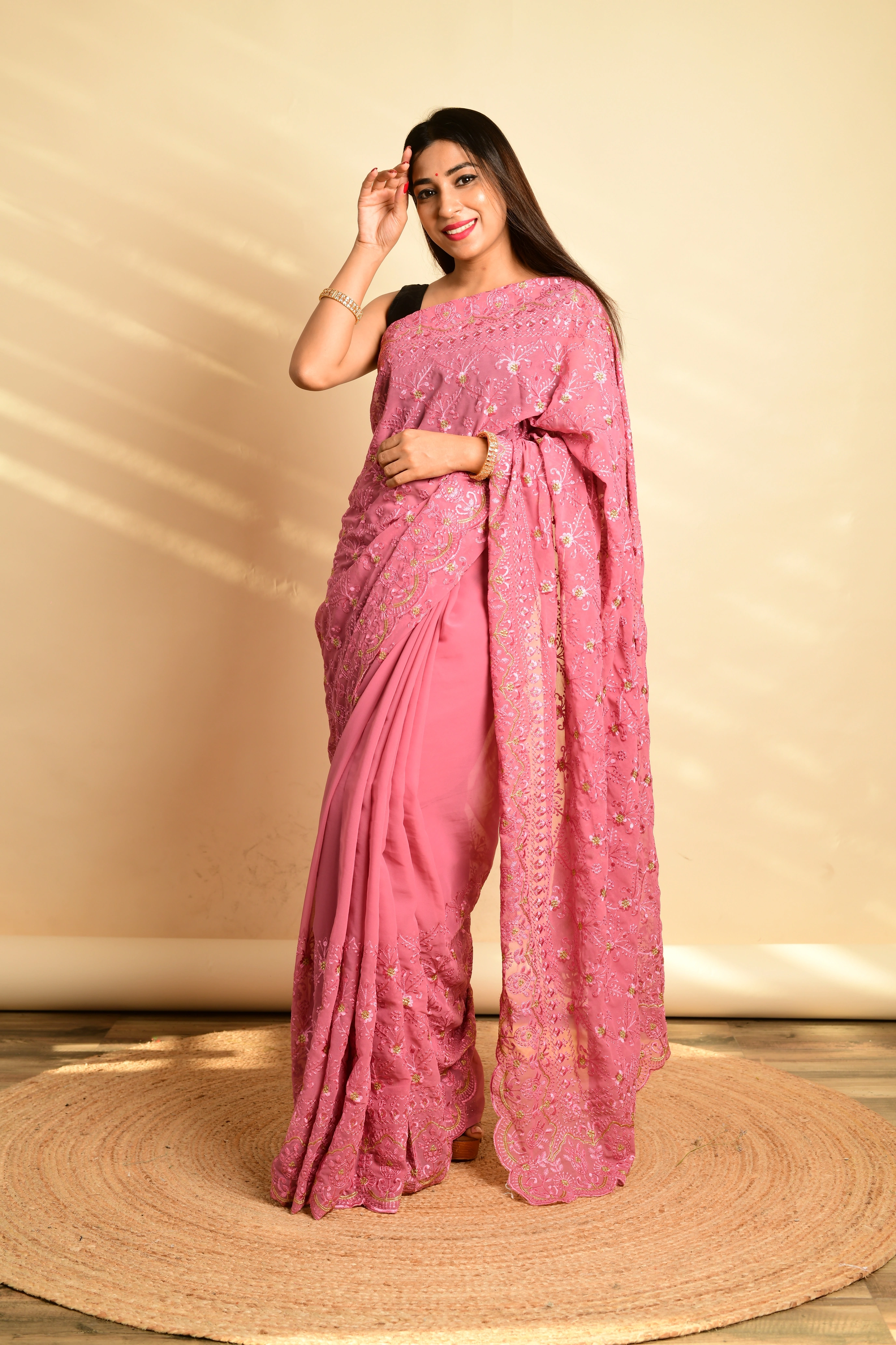 Exquisite Georgette Saree with Floral Cutwork &amp; Banglori Silk Blouse-Pink-1