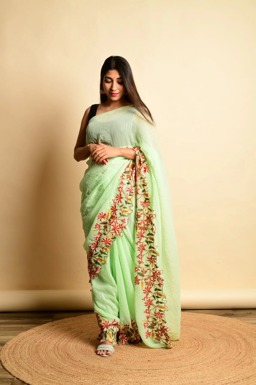 Georgette Sarees with Sequence and Embroidery Work-RVSGSPARKLE-Pista