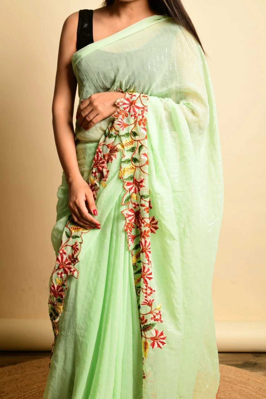 Georgette Sarees with Sequence and Embroidery Work-Pista-1