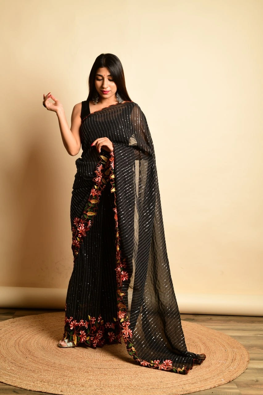 Georgette Sarees with Sequence and Embroidery Work-RVSGSPARKLE-Black