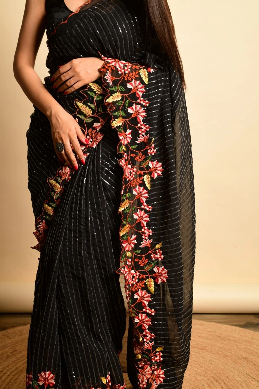 Georgette Sarees with Sequence and Embroidery Work-Black-1