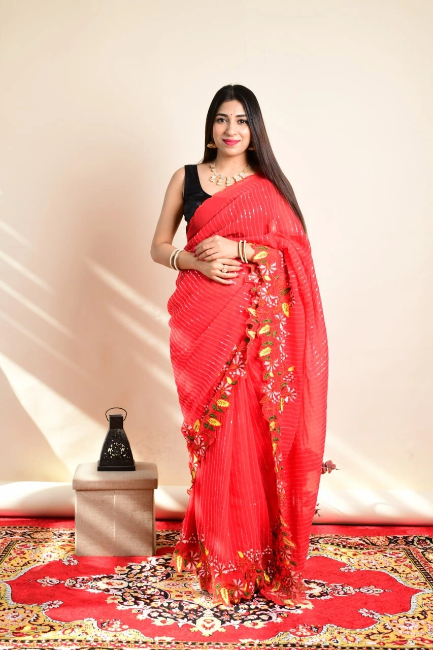 Georgette Sarees with Sequence and Embroidery Work-RVSGSPARKLE-Red