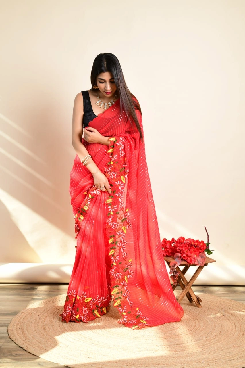 Georgette Sarees with Sequence and Embroidery Work-Red-1