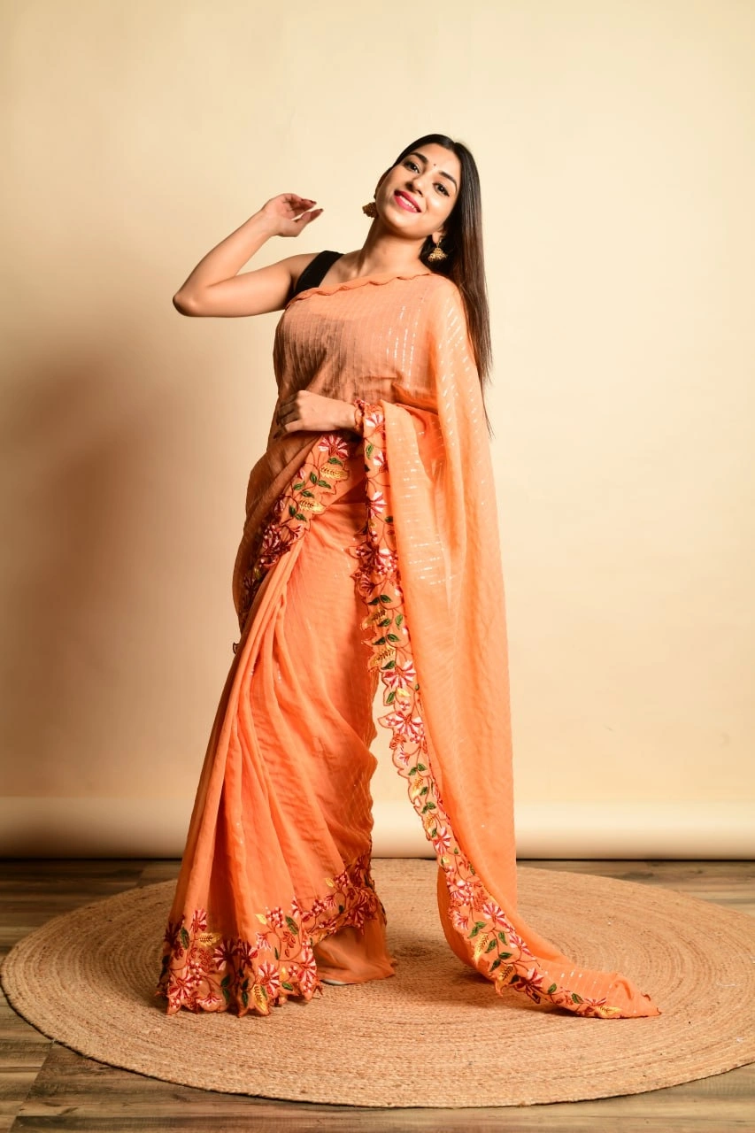 Georgette Sarees with Sequence and Embroidery Work-RVSGSPARKLE-Orange