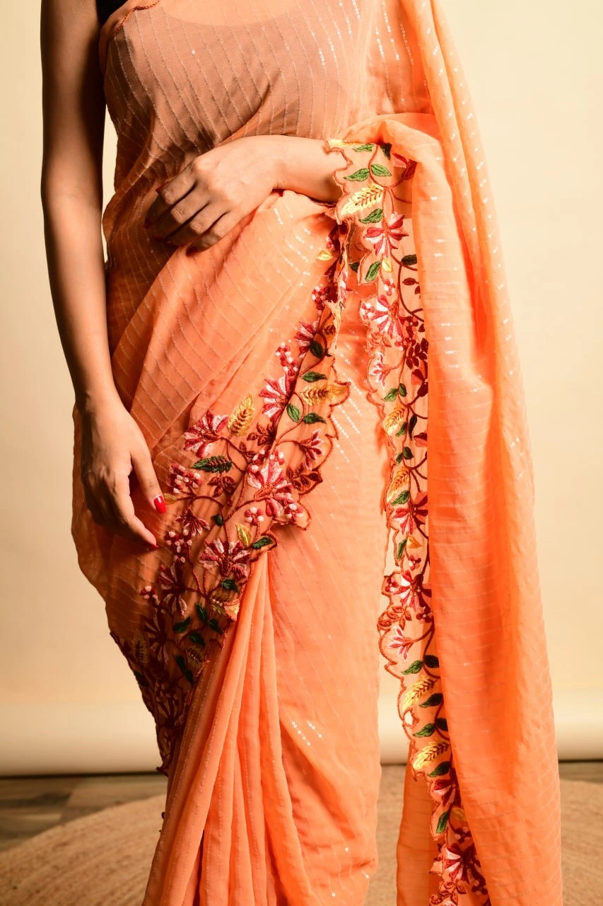 Georgette Sarees with Sequence and Embroidery Work-Orange-1