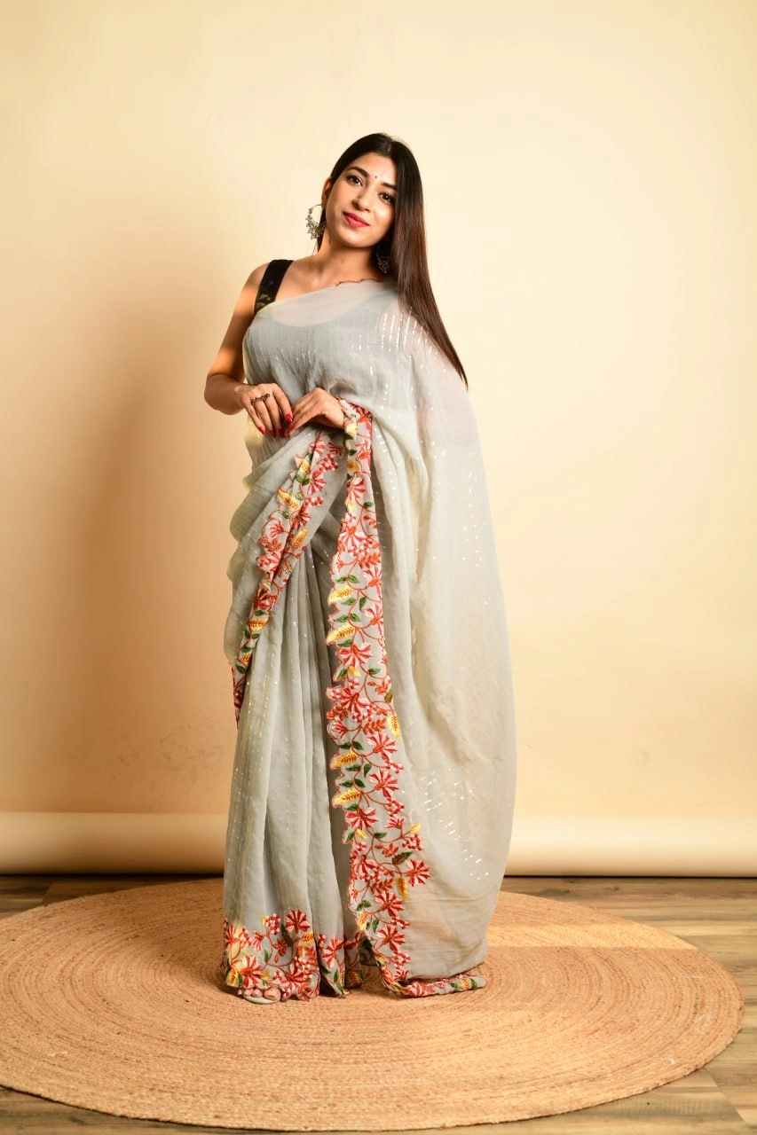 Georgette Sarees with Sequence and Embroidery Work-RVSGSPARKLE-Grey