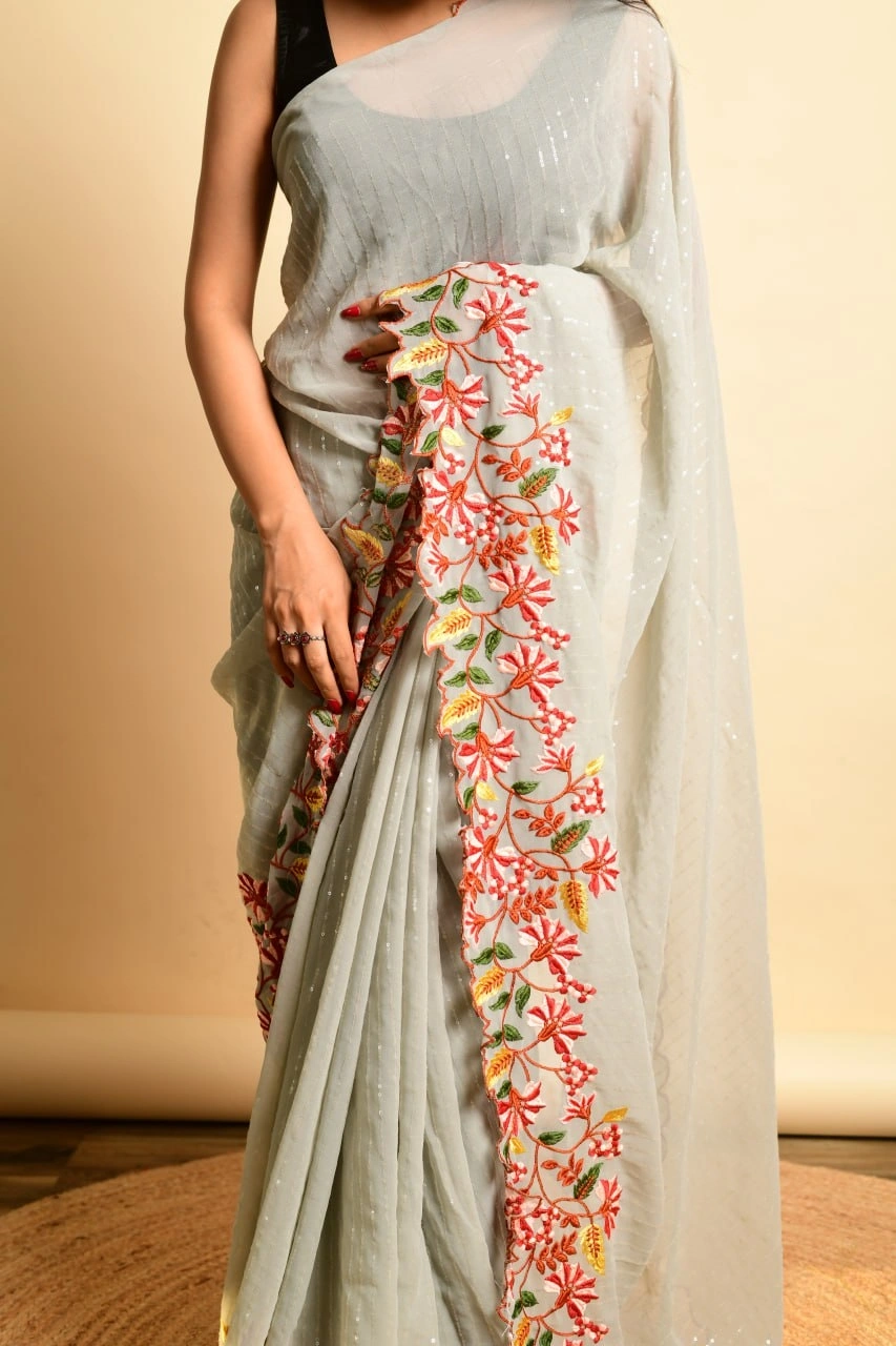 Georgette Sarees with Sequence and Embroidery Work-Grey-1