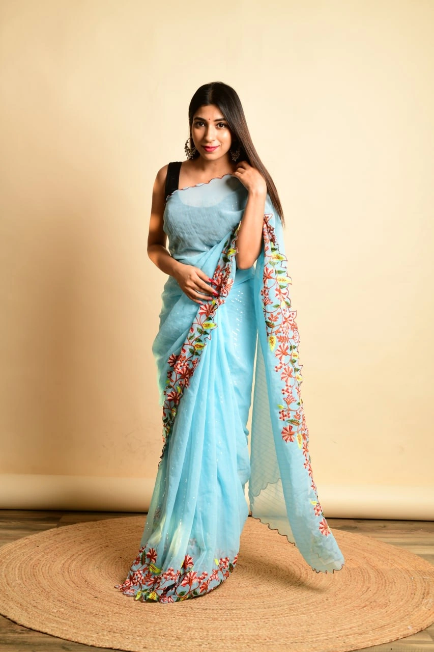 Georgette Sarees with Sequence and Embroidery Work-RVSGSPARKLE-SkyBlue