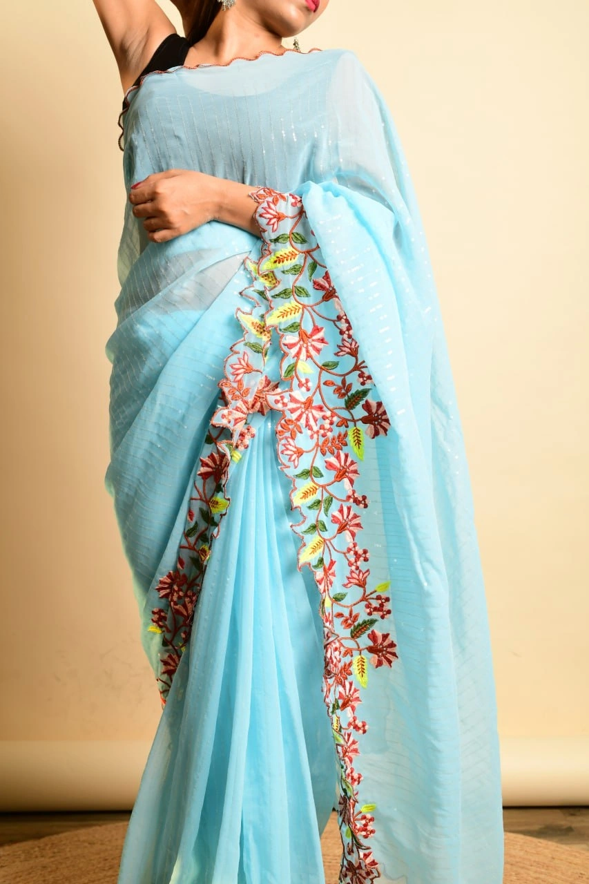 Georgette Sarees with Sequence and Embroidery Work-Sky Blue-1