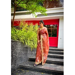 Organza Saree with Embroidery, Cut Work, and Digital Print - Maroon