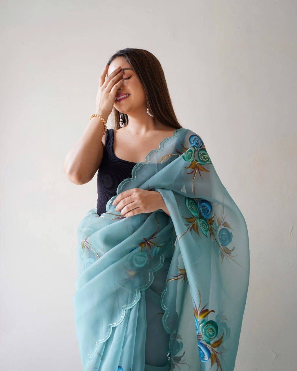 Handcrafted Organza Saree with Foil and Cut Work Details-Rama-1