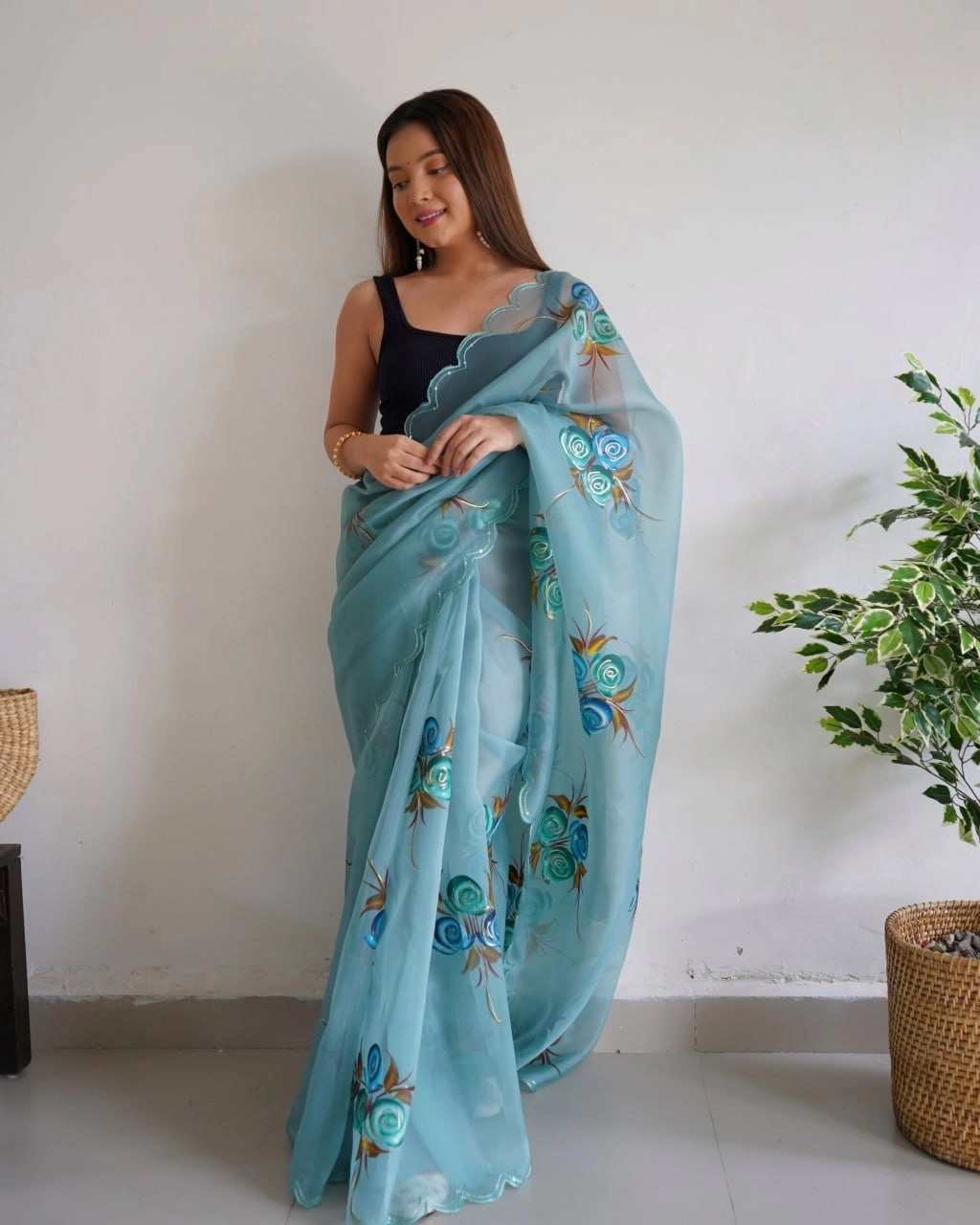 Handcrafted Organza Saree with Foil and Cut Work Details-Rama-4