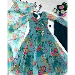 Digital Printed Georgette Silk Anarkali Suit with Flair and Buttersilk Pant