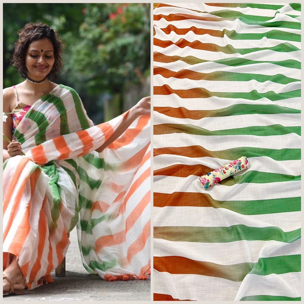 Linen Printed Saree with Tassel Detailing and Matching Blouse-White-4