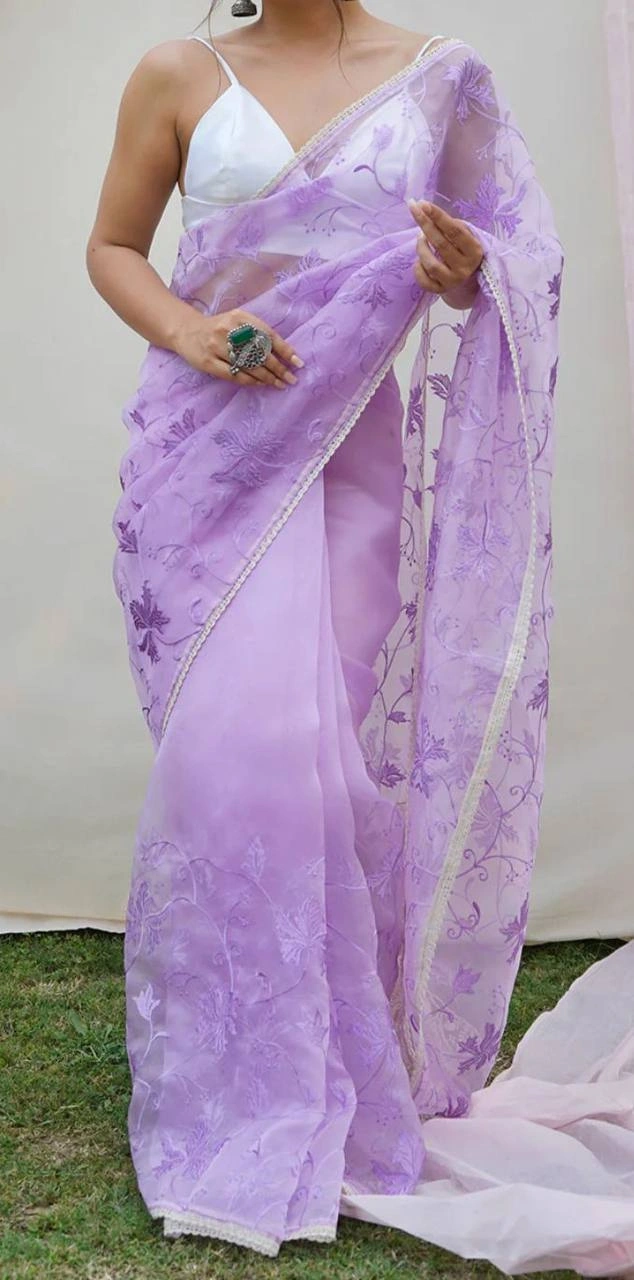 Beautiful Embroidered Organza Saree with Full Lace Border and Ready-made Blouse-RIE-01-Purple