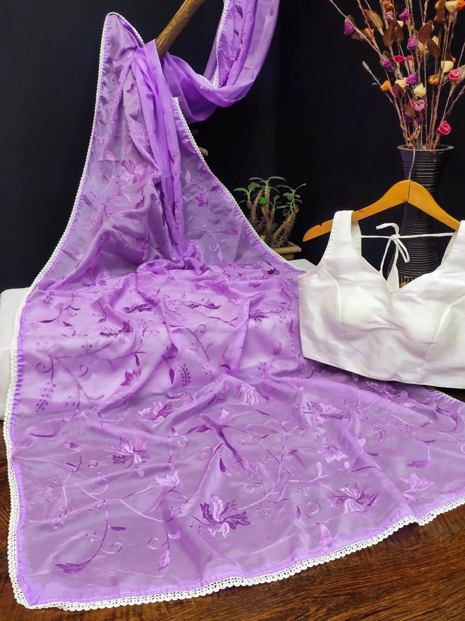 Beautiful Embroidered Organza Saree with Full Lace Border and Ready-made Blouse-Purple-4