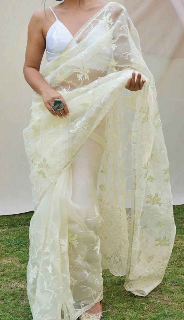 Beautiful Embroidered Organza Saree with Full Lace Border and Ready-made Blouse-RIE-01-Cream