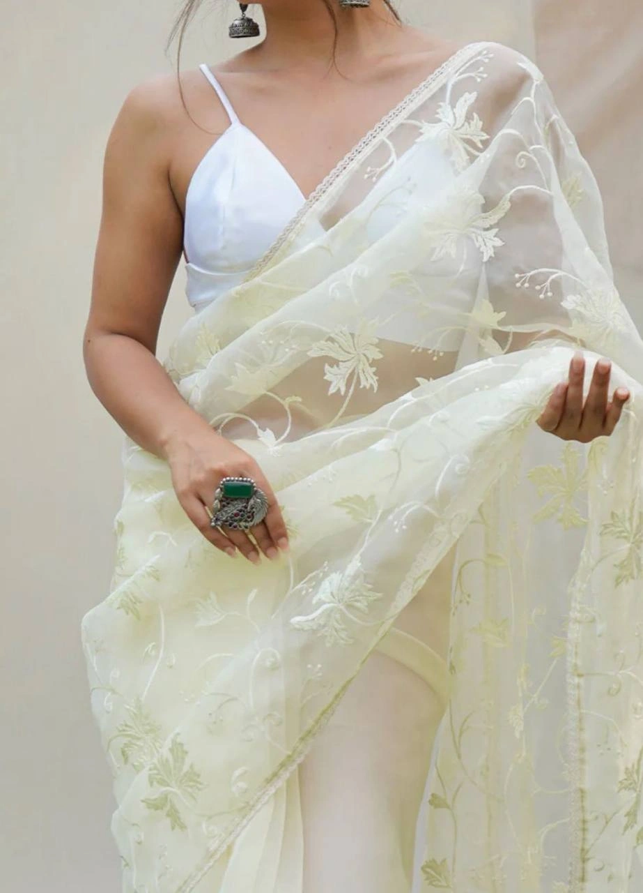 Beautiful Embroidered Organza Saree with Full Lace Border and Ready-made Blouse-Cream-3