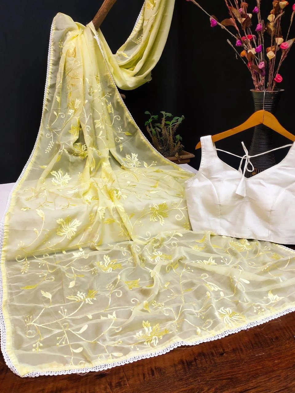 Beautiful Embroidered Organza Saree with Full Lace Border and Ready-made Blouse-Cream-4