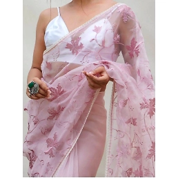 Beautiful Embroidered Organza Saree with Full Lace Border and Ready-made Blouse