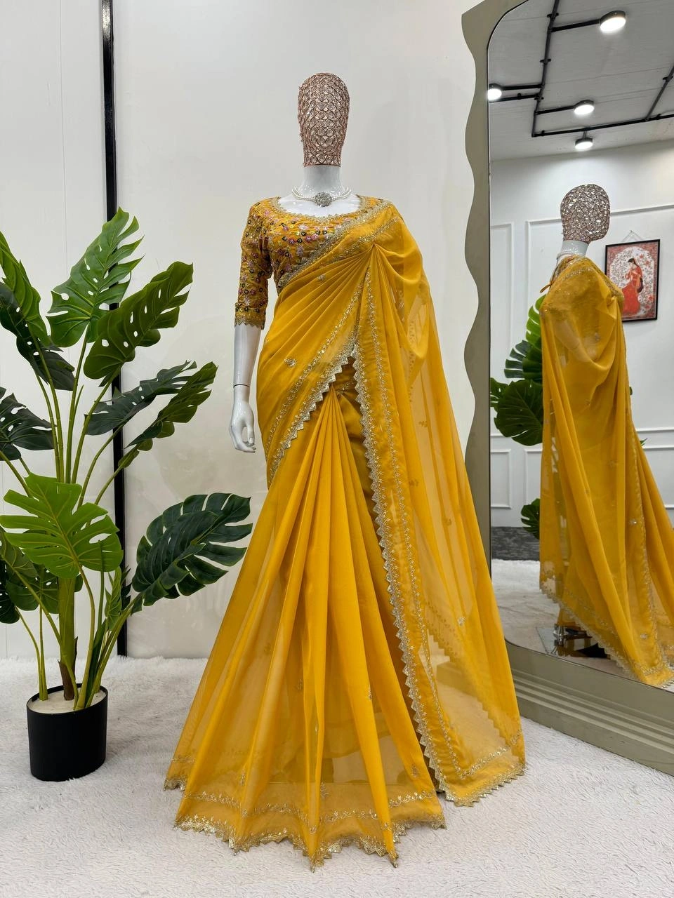 Beautiful Designer Tibby Silk Saree with Thred &amp; Sequnce Work and Blouse-RKD-497-Yellow