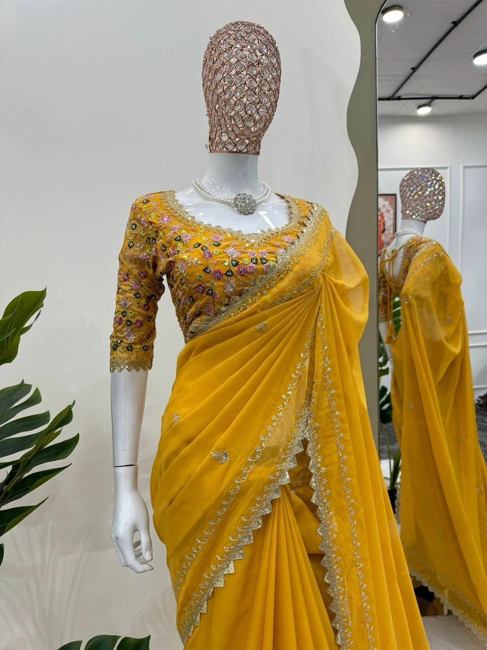 Beautiful Designer Tibby Silk Saree with Thred &amp; Sequnce Work and Blouse-Yellow-1