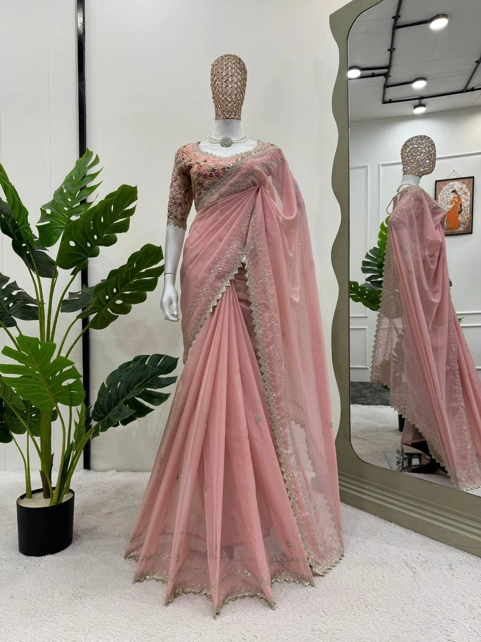 Beautiful Designer Tibby Silk Saree with Thred &amp; Sequnce Work and Blouse-RKD-497-Pink