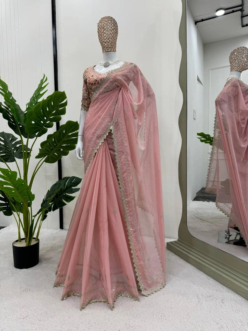 Beautiful Designer Tibby Silk Saree with Thred &amp; Sequnce Work and Blouse-Pink-1