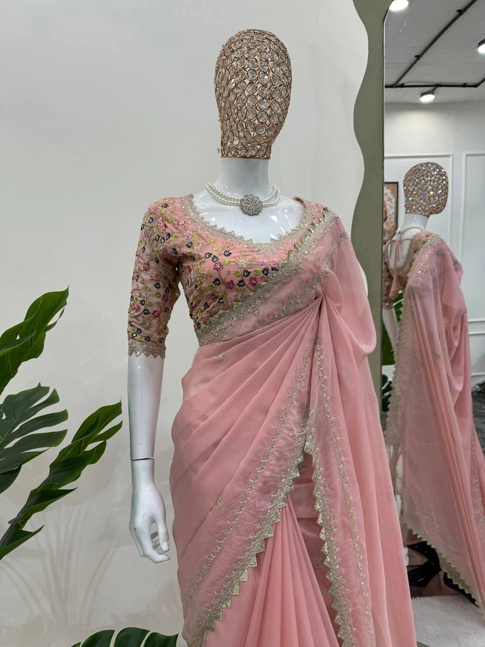 Beautiful Designer Tibby Silk Saree with Thred &amp; Sequnce Work and Blouse-Pink-2