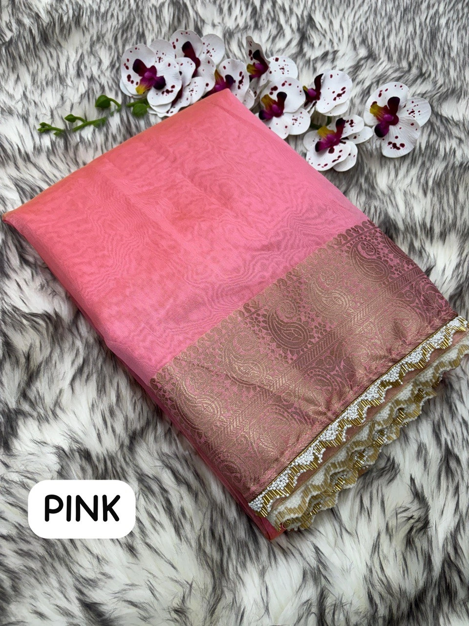 Elegant Banarsi Silk Saree with Designer Jaquar Paatta and Jarkan Lace-PTF-01-Pink