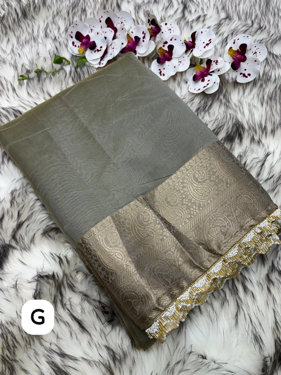 Elegant Banarsi Silk Saree with Designer Jaquar Paatta and Jarkan Lace-PTF-01-Grey