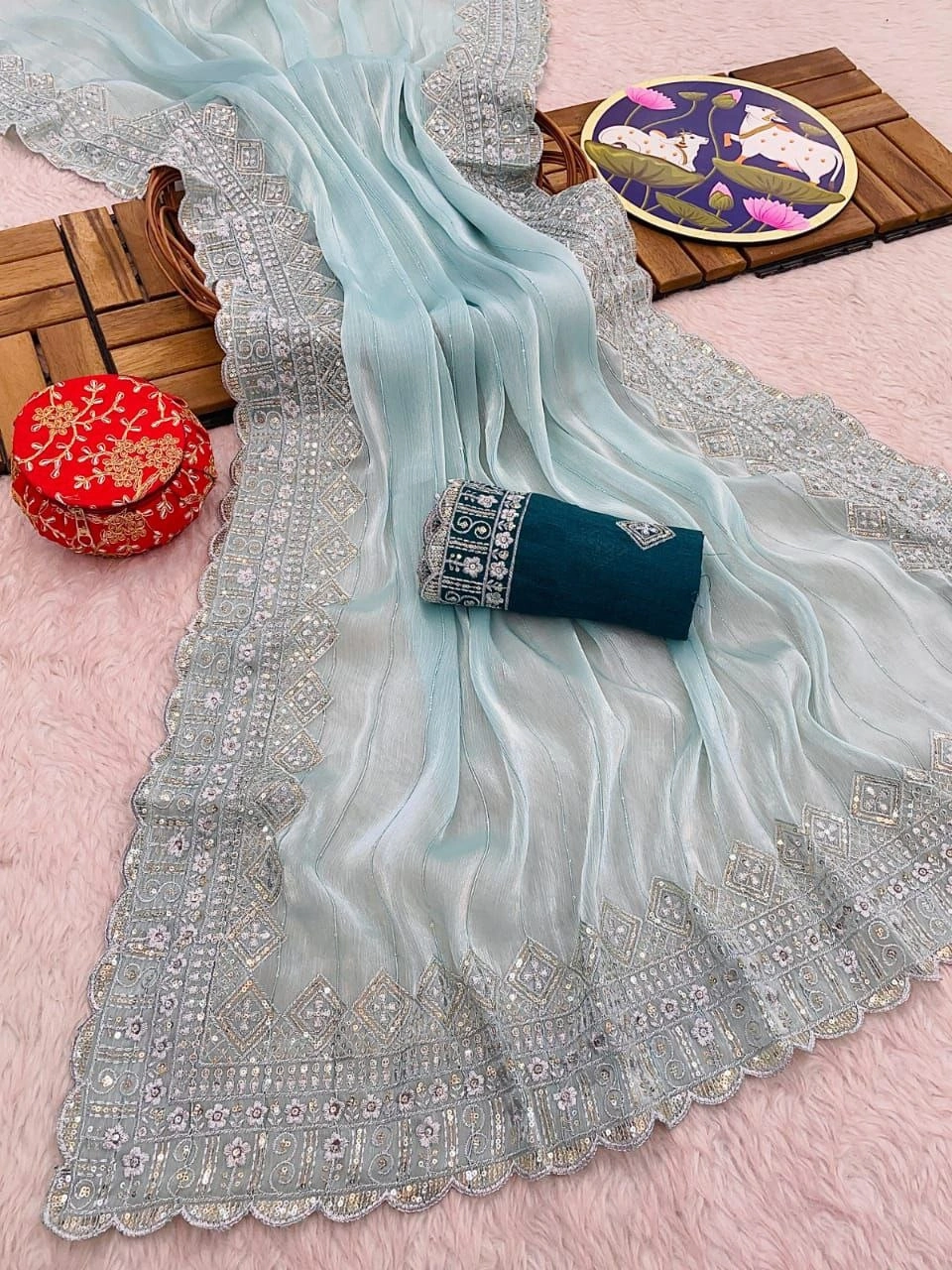 Burburry Sequenced Saree with Zari and Embroidery Work-SFH-563-SkyBlue