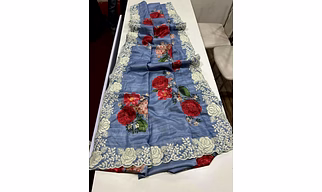 Premium Tussar Silk Saree with Embroidered Cutwork Border & Rose Print