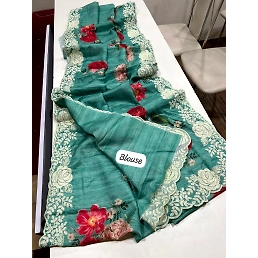 Premium Tussar Silk Saree with Embroidered Cutwork Border & Rose Print