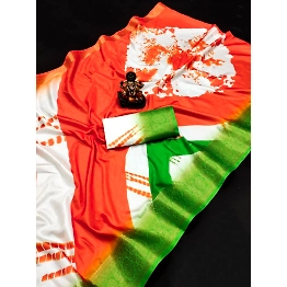 YNF Indian Flag Print Dola Silk Saree with Contrast Border